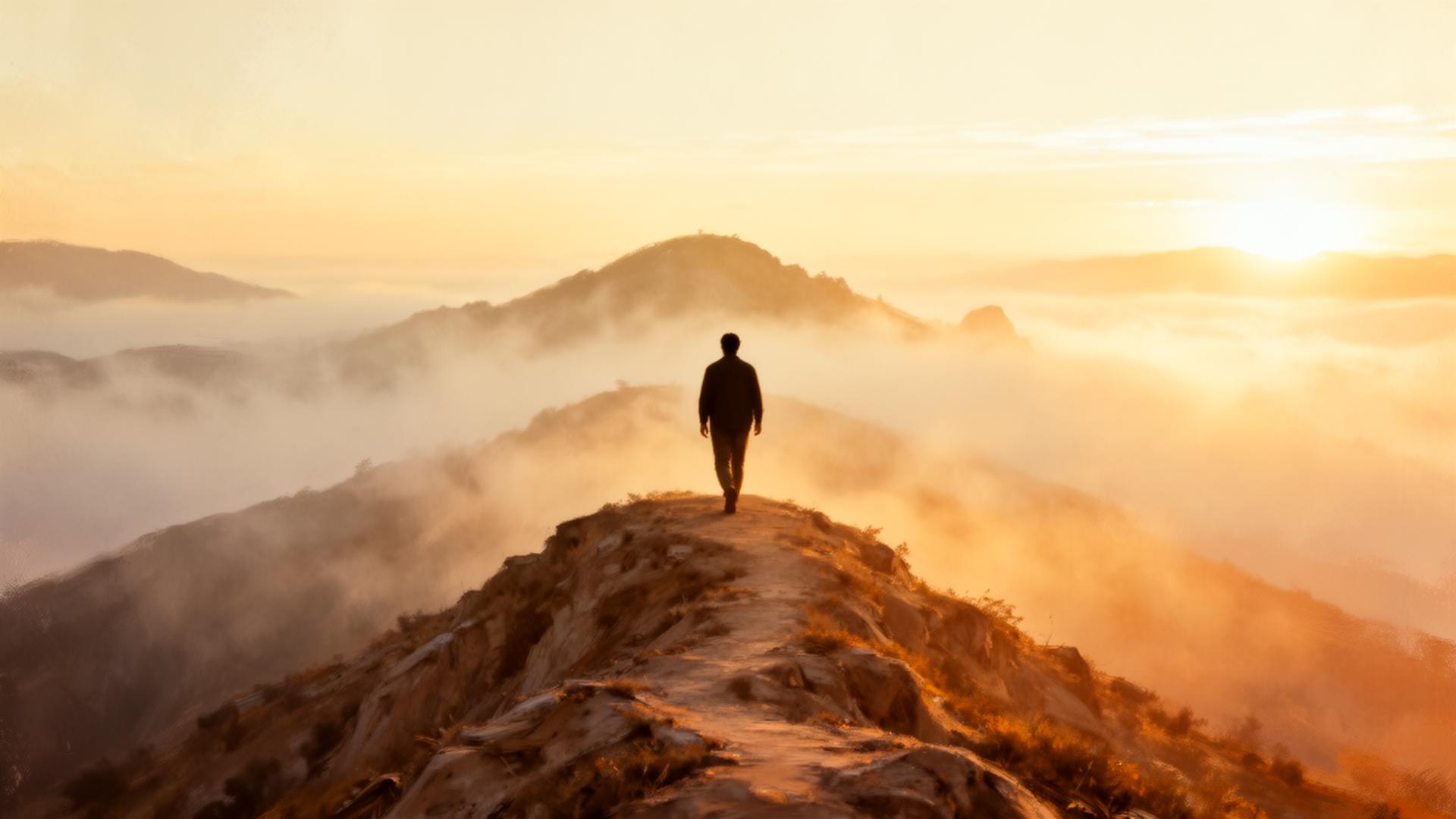 A traveler walking toward the sunrise on a misty mountain ridge