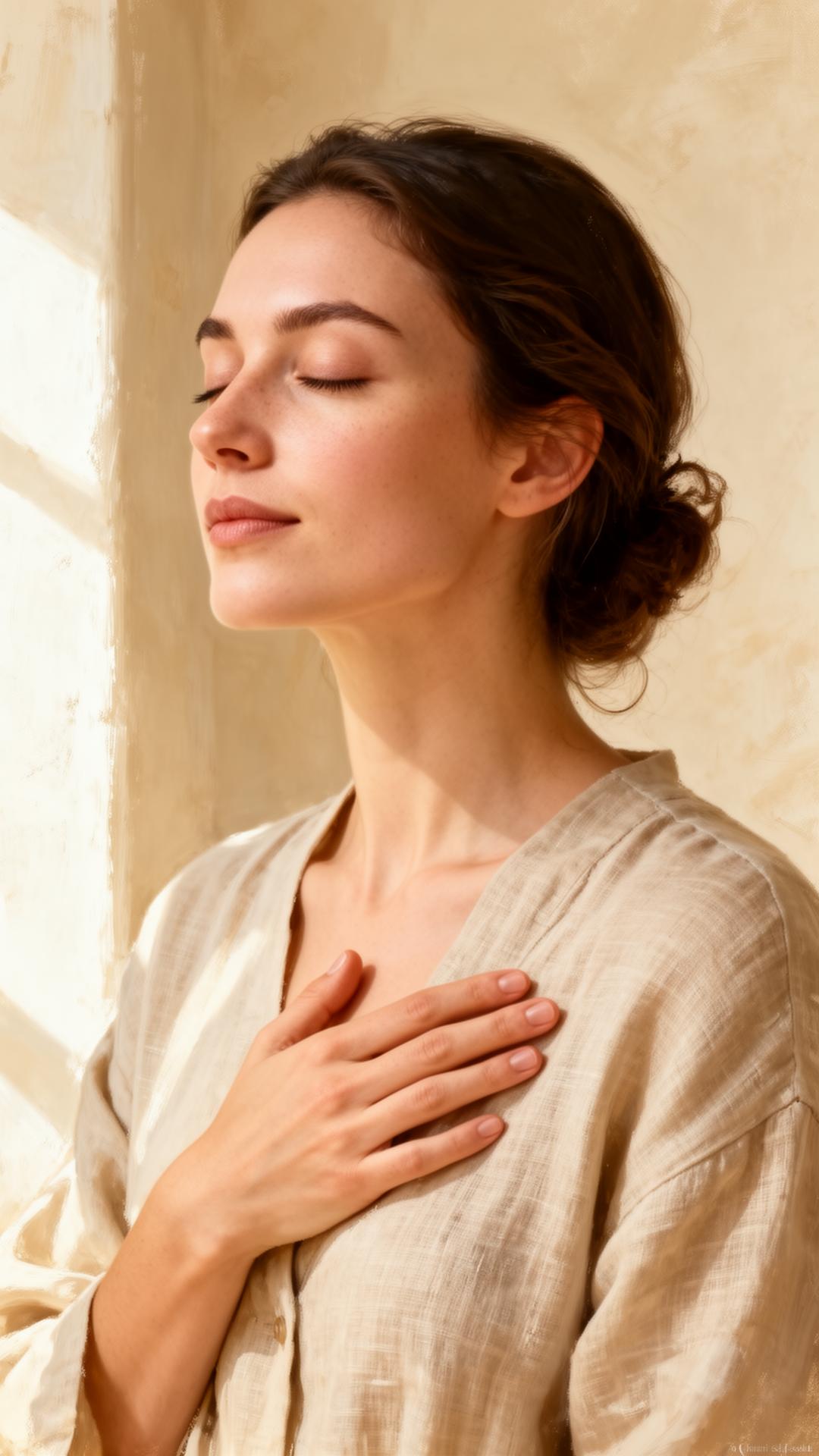A person resting a hand on their heart in soft natural light